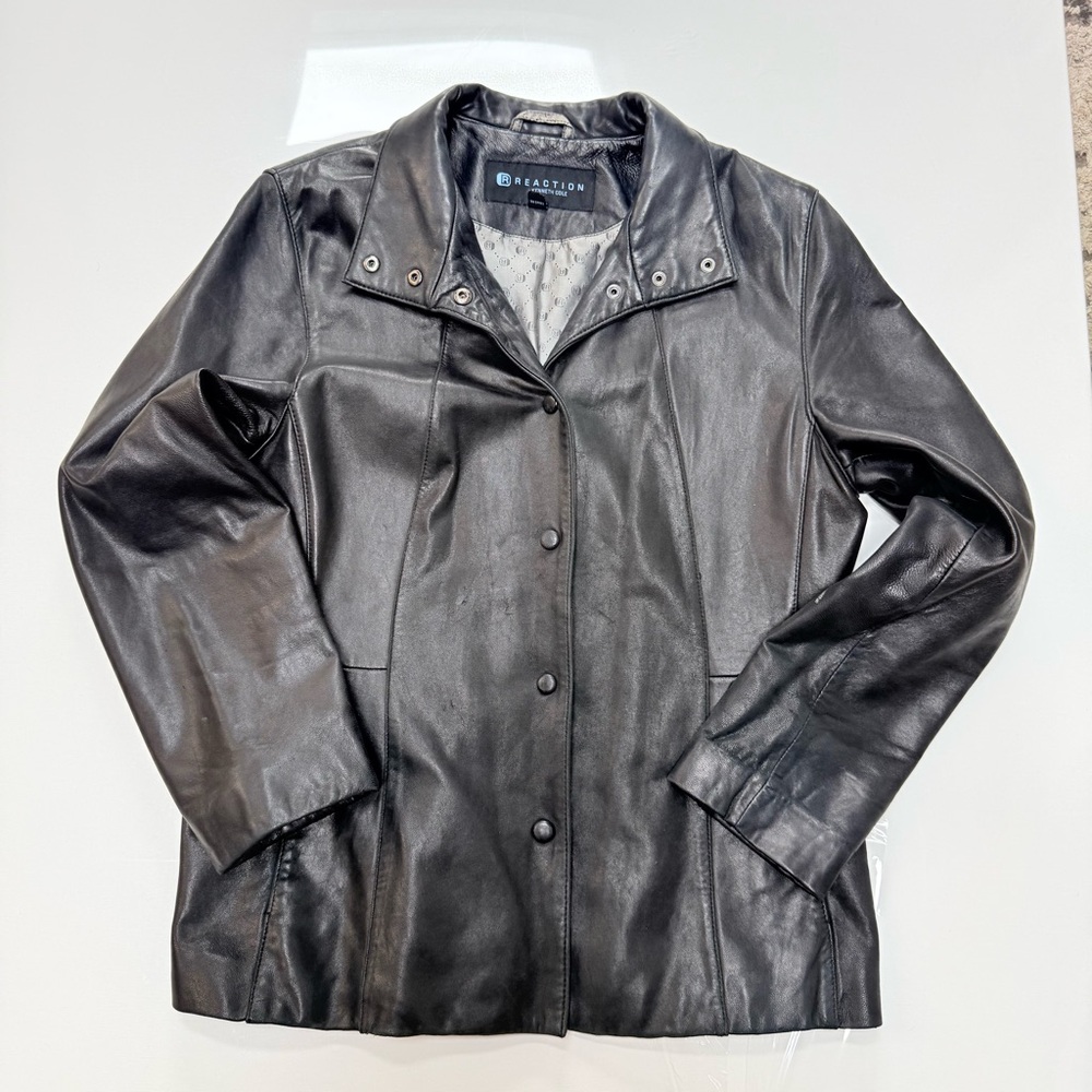 Kenneth Cole Reaction Black 100% Genuine Leather Blazer Jacket - Size L